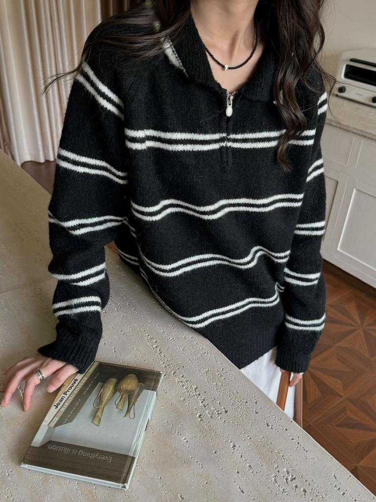 Lapel Color Matching Striped Pullover Sweater Women's Autumn and Winter New Loose and Versatile Knitted Sweater Top