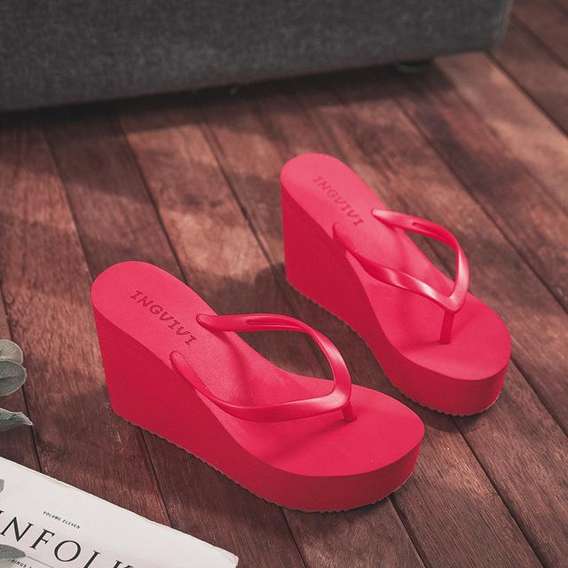 Summer Women's Shoes Beach Flip-flops Platform Sandals High-heeled Sandals Solid Color Skateboard Slippers Women Heels