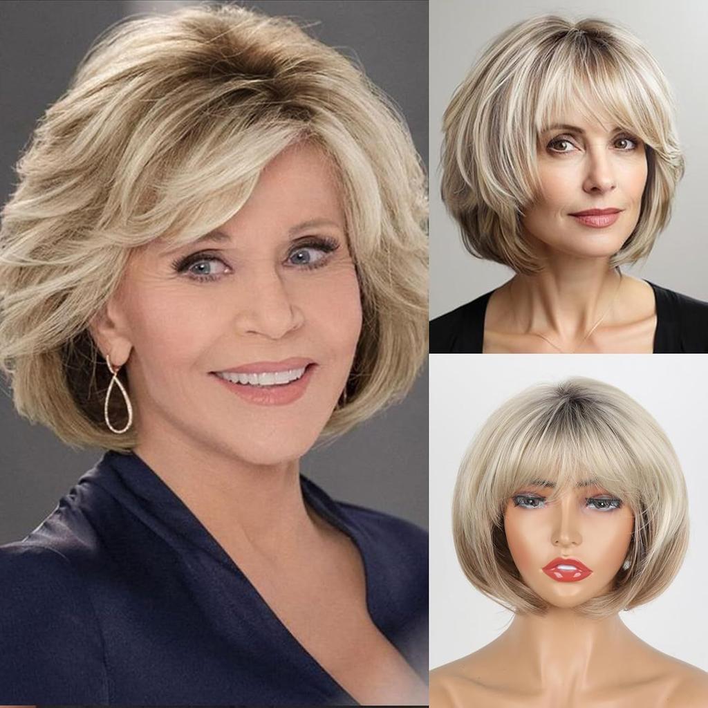 Synthetic Wigs With Bangs Natural Gray Blond Brown Short Wave Fluffy BoBo Wig Women Daily Cosplay Full Head Cover Heat Resistant Fibre