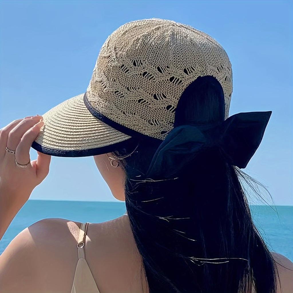Women's Wide Brim Straw Sun Hat with Bowknot - Breathable Hollow Out Design, Foldable Summer Beach Hat