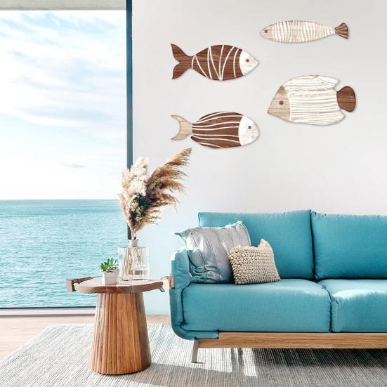 4Pcs/Set Wall Fish Decorations Coastal Wall Art Wooden Fish Retro Rustic Fish Wall Ornaments