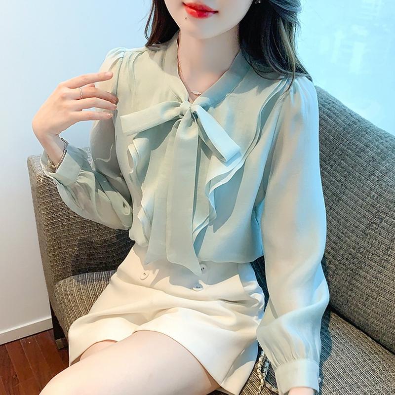 New Fashion Long Sleeve Bow Collar Ruffles Chiffon Blouse Shirt Women Tops J398