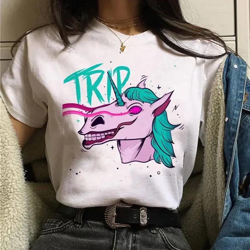 Women'S T-Shirt Unicorn Print Cartoon O-Neck T-Shirt Ulzzang Harajuku Streetwear T-Shirt Korean Grunge Female Casual T-Shirt