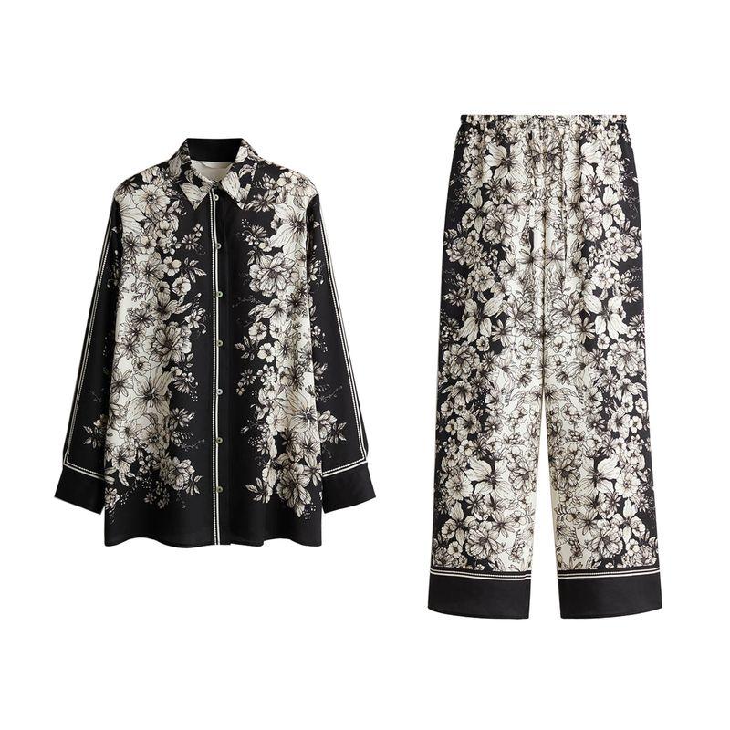 With Collar Long Sleeves Loose Print Long Shirt 1288634 High Waist Straight-leg Print Drawstring Pants 1291026