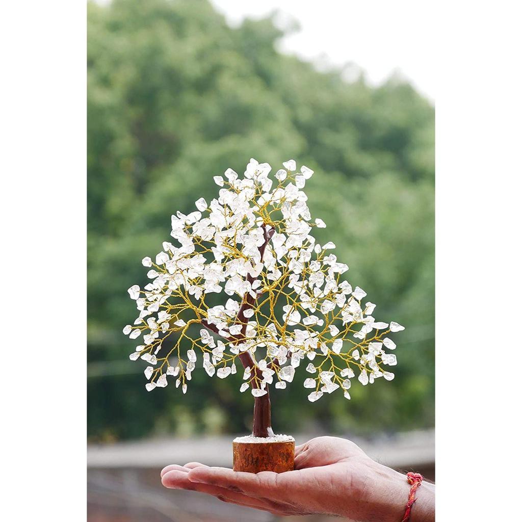 Seven Chakra Crystal Gemstone Bonsai Money Tree with Golden Wire and 300 Beads Figurine Standard Size - Clear Quartz, 1 Piece