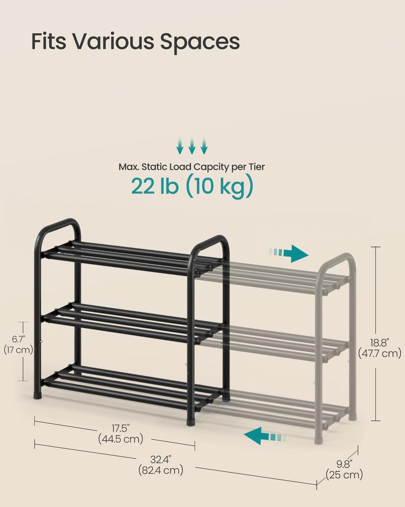 SONGMICS Expandable Shoe Rack, Shoe Storage Organiser, Adjustable Shelves, Sturdy and Heavy-Duty, for Hallway, Closet, Living Room, 3-Tier, Ink Black