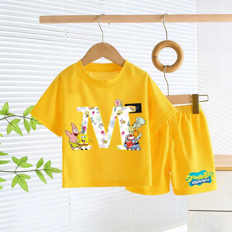 SpongeBobs T-shirt Shorts Set Kids Cute Letter A-Z Tees Pants Children Summer Outdoor Sports Short Sleeve Trousers Boy Girl Gift