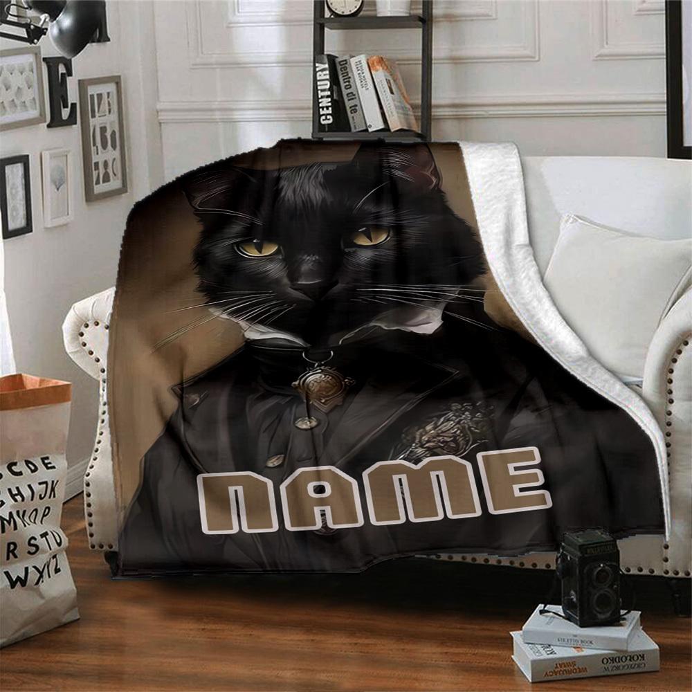Elegant Black Cat In Formal Attire Throw Personalized Blanket Personalized Text Ultrasoft Throw For Sofa Couch Office Bed Picnics Ideal For All