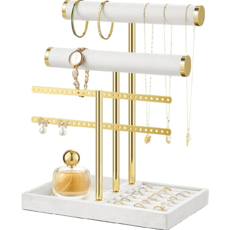 Versatile T Bar Jewelry Stand Organizers for Shop or Home Use Sturdy Metal Base with Removable Wooden Display Rods