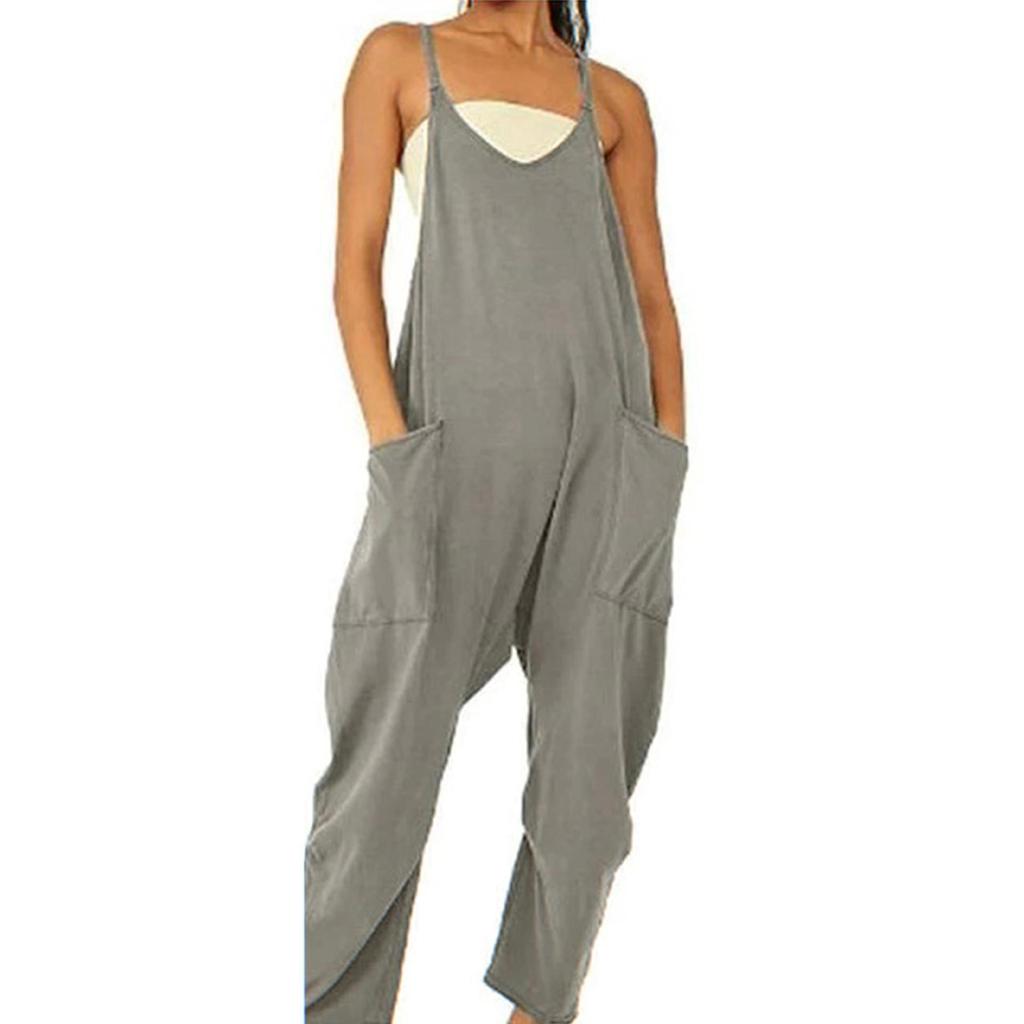 Damen Verstellbarer Träger Jumpsuit Lässig Locker Ärmellos Harem Romper mit Taschen