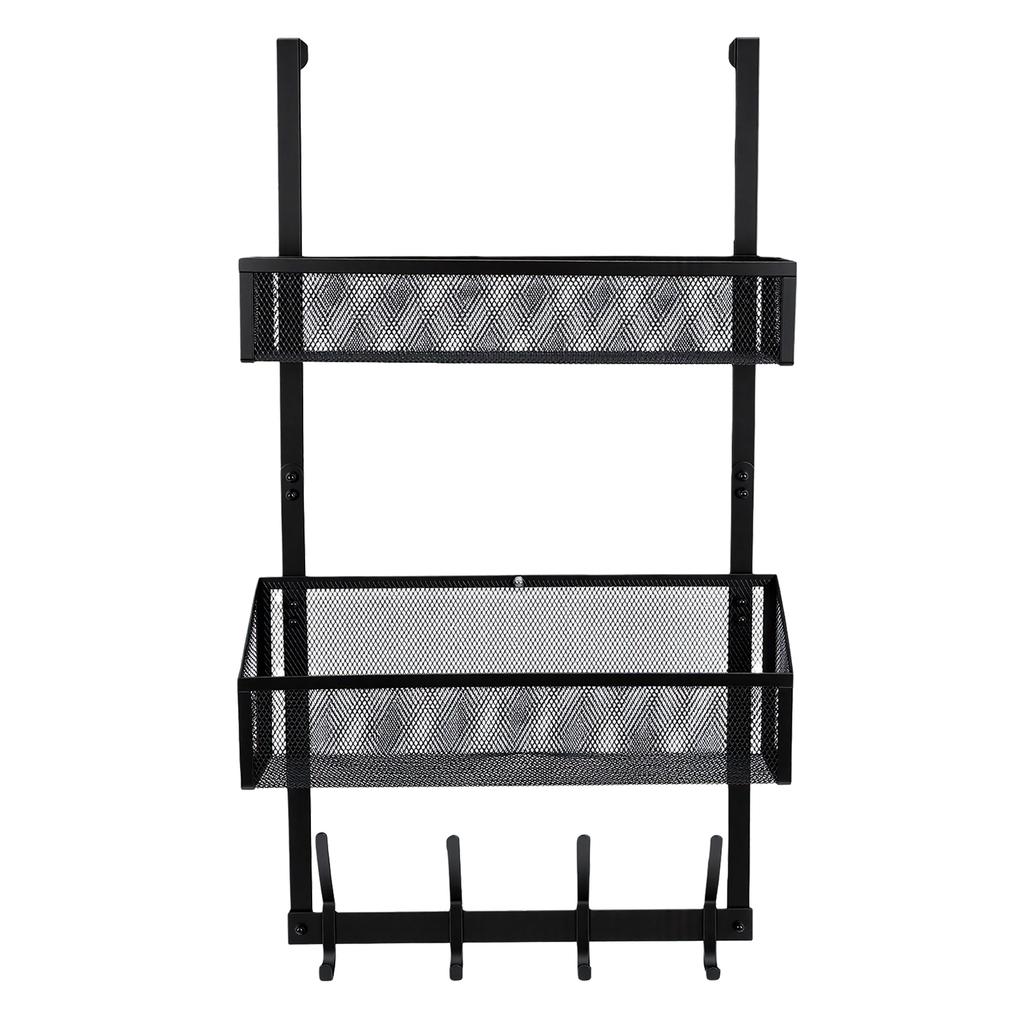 Adjustable Over The Door Hooks Organizer Metal Hanger Storage Rack with 2 Mesh Basket and Coat Hooks for Bathroom