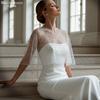 Two Colors Pearl Beaded Sheer Tulle Cape Shrug, Asymmetric Long Back Train Mesh Cover Up Round Neck for Strapless Wedding Bridal Evening Gown