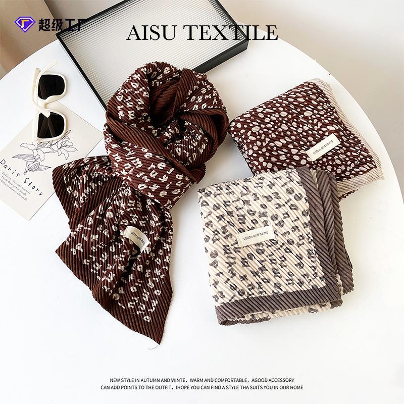 Striped fashionable and elegant imitation cotton and linen scarf women's high-end pleated printed scarf retro simple polyester small scarf