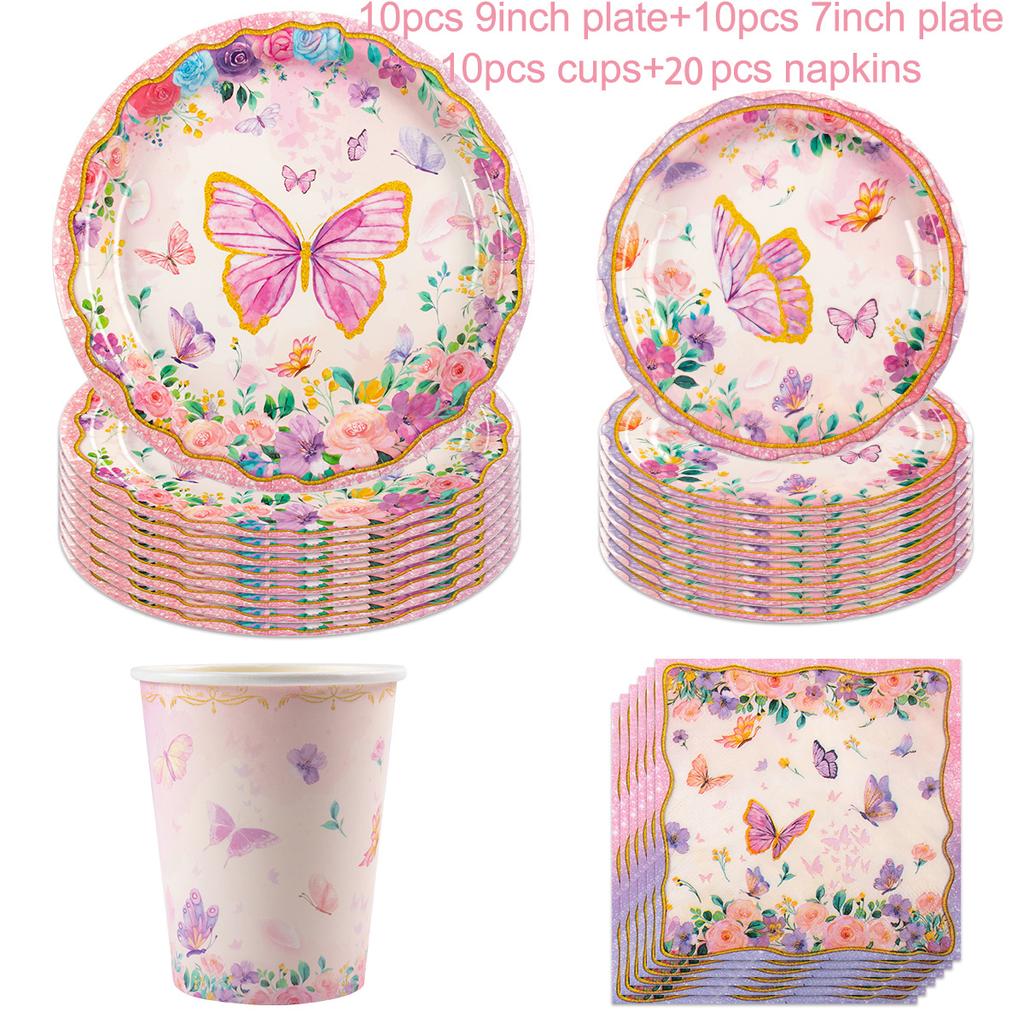 Pink Butterfly Disposable Tableware Happy Girl's Birthday Party Decorations Kids Butterfly Theme Party Decoration Baby Shower