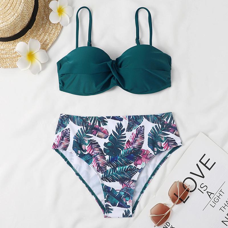Two-Piece Swimsuit Women Underwire Padded Push-Up Split Bikini Solid Color Bra Floral Print High Waist Bottoms Swimsuit