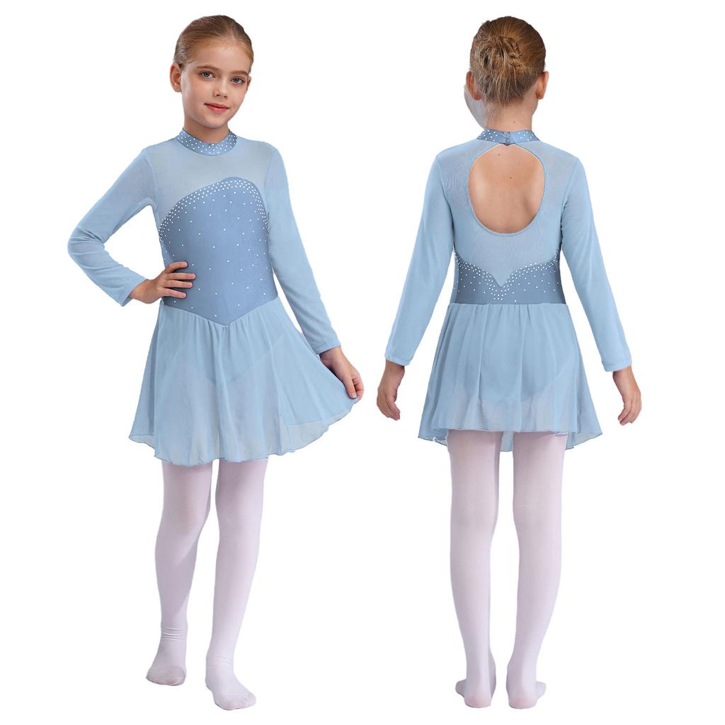 Glänzende Strasssteine Tanzleotard für Mädchen Transparente Mesh Lange Ärmel mit Schlüssellochausschnitt am Rücken Eiskunstlauf Ballettkleid