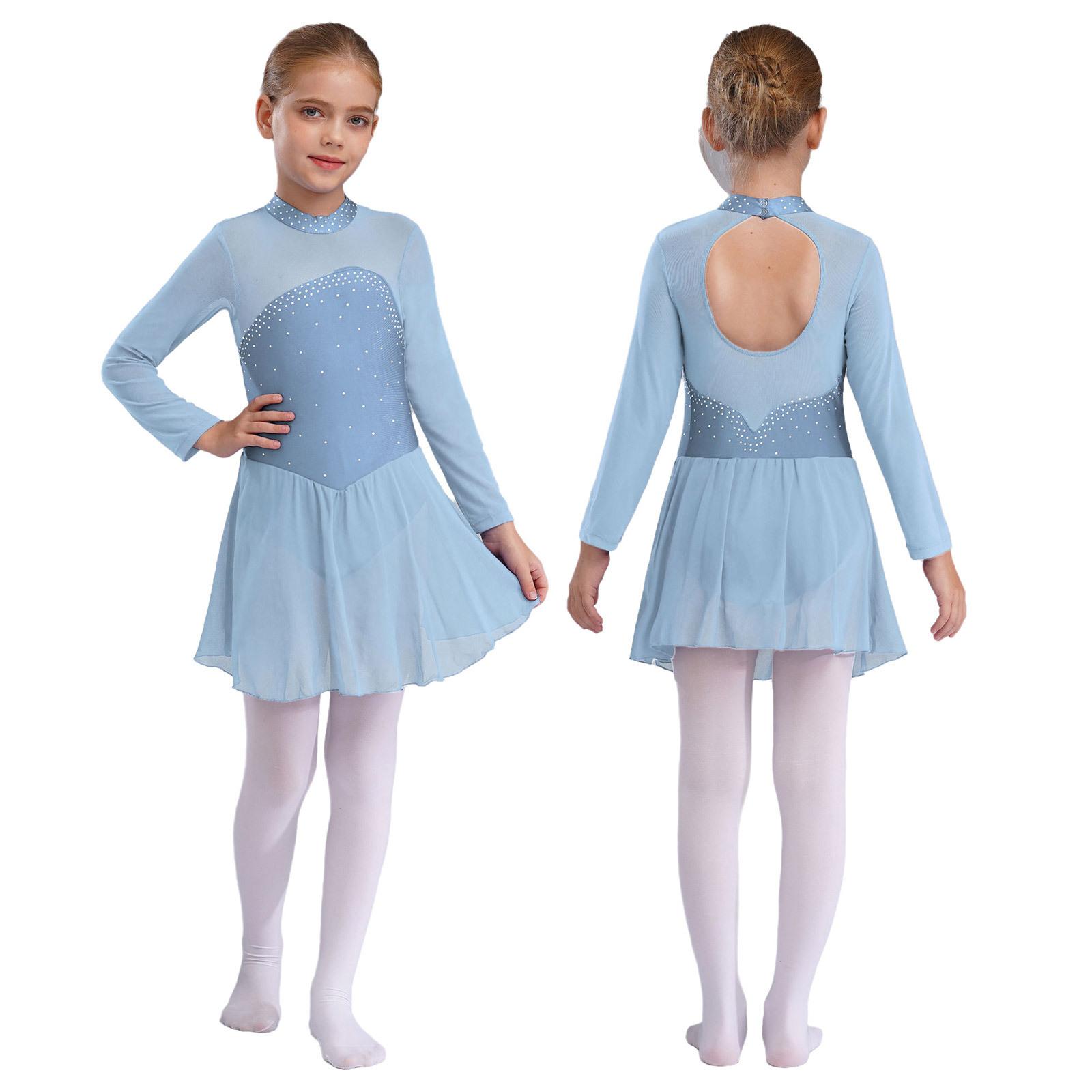 

Леотард-сукня для фігурного катання для дівчаток, блискучі стрази, прозора сітка, довгі рукави, виріз-крапля на спині для катання на роликах, балету 11-12 Years небо синє кольору