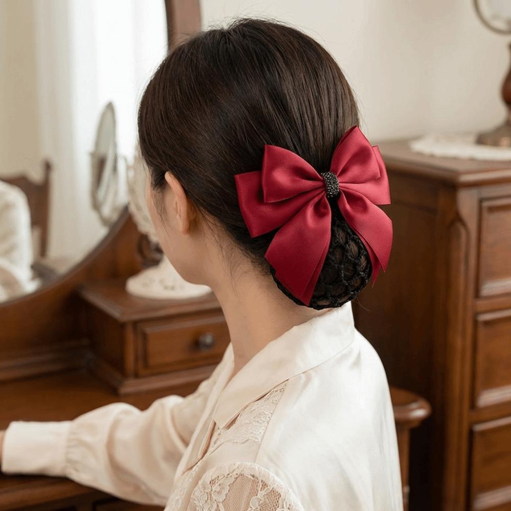 Elegant Bowknot Net Bun Hair Cover Multiple Colors Net Bun Snood Spring Clip  Vocational Work