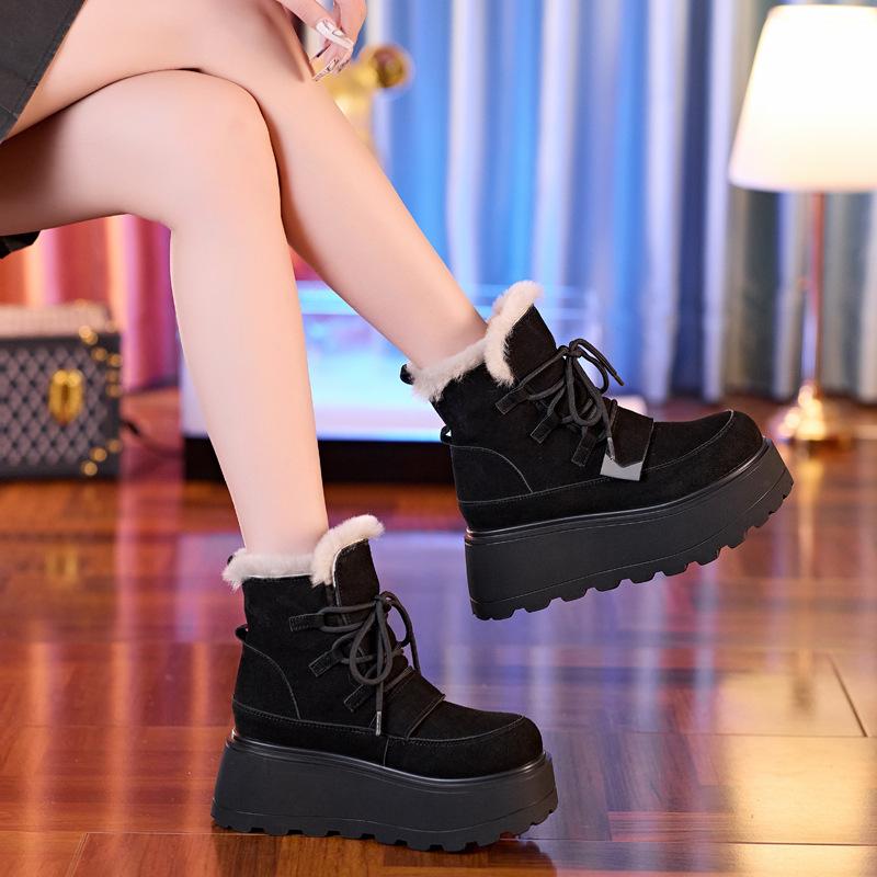 8637 Inner Heightening Thick-soled Velvet Warm Leather Snow Boots Women's 2025 Winter New Non-slip Cotton Shoes