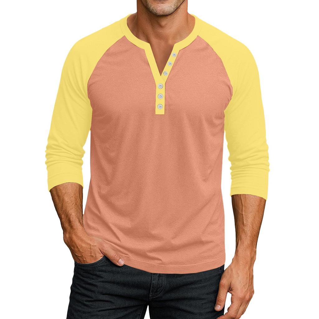 Men's Button-Down Contrast Raglan 3/4 Sleeve Top