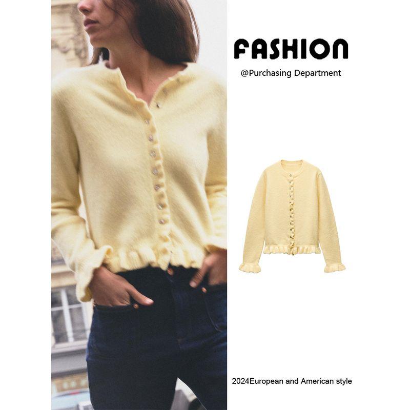 Za2025 Spring New Women's Clothing Single-Breasted Laminated Decoration Long Sleeves Crew Neck Casual Knitting Outwear 2756114
