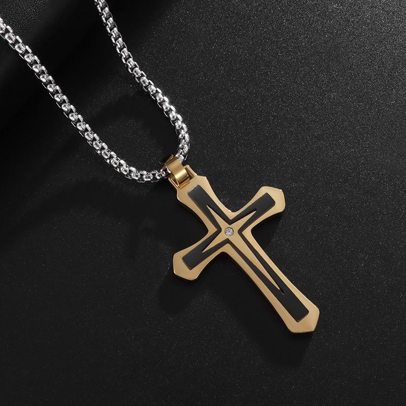 New Style Stainless Steel Two Color Cross Inlaid Zircon Pendant Necklace for Men and Women