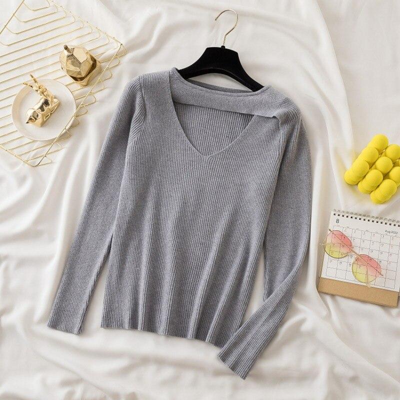 Πλεκτά μπλουζάκια με πάτο για γυναίκες Φθινόπωρο και Χειμώνας 2023 Μόδα Πουλόβερ με λαιμόκοψη μονόχρωμη λεπτή εφαρμογή πουλόβερ Ρούχα 28726