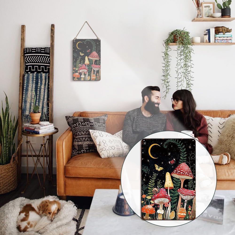 YOYI ART Cute Mushroom Wall Decor Sign - Vintage Metal Tin Sign for Bedroom, Bathroom, Cottage Enchanted Forest Room, Kitchen wall Decor art