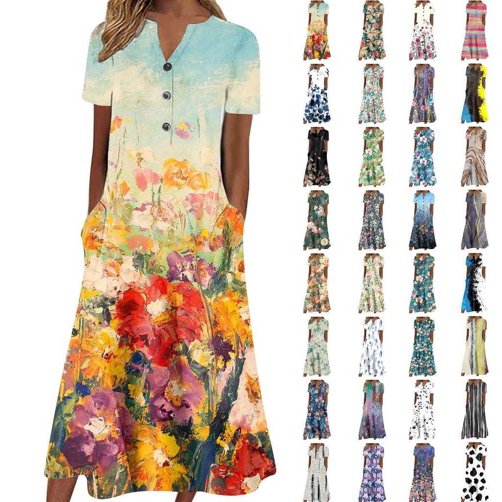 Sommerliches, lässiges, bedrucktes, kurzärmliges Swing-Kleid mit V-Ausschnitt für Damen