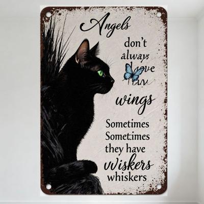 Vintage Schwarze Katze Blau Schmetterling Blechschild 'Engel haben nicht immer Flügel' Skurrile Schnurrhaare Metall Wanddeko mit Rostigem Rand