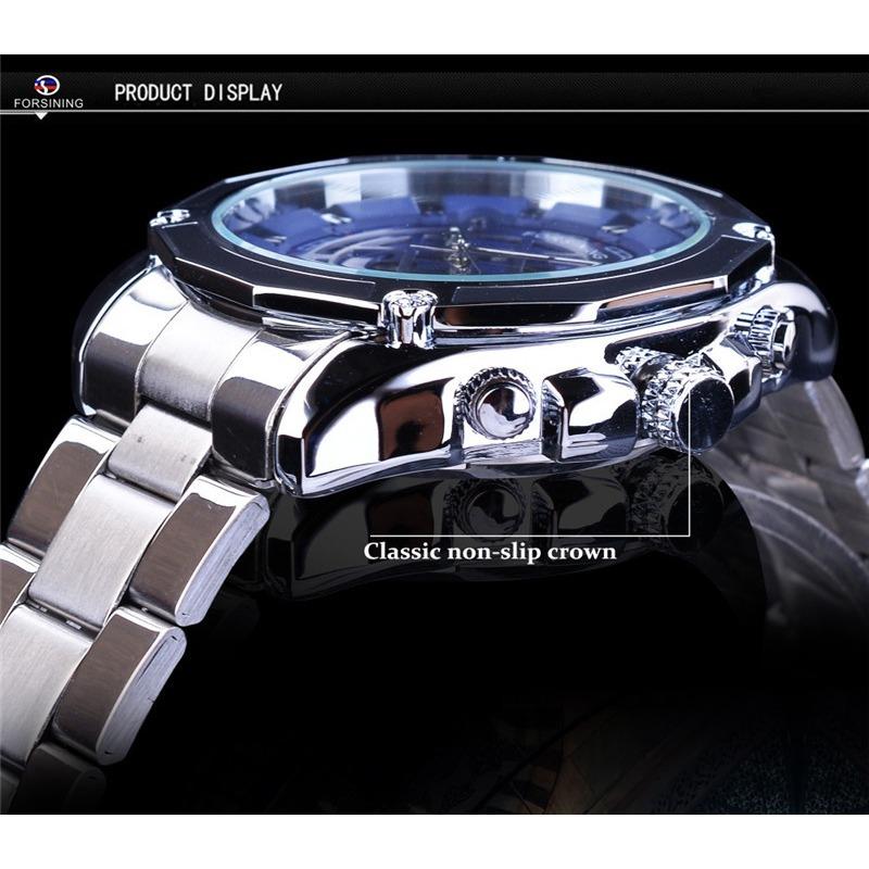 Forsining Men's Fashion Casual Blue Hollow Waterproof Automatic Mechanical Watch GMT1114-8-A