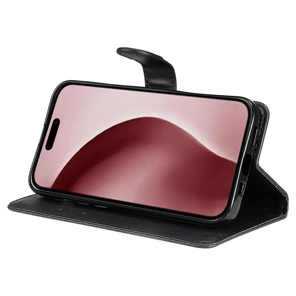 For iPhone 16 Pro Protective Case Solid Color Leather Mobile Cover Wallet Stand with Strap