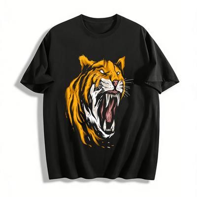 Roaring Tiger Head Print Casual T-Shirt Trendy Animal Style Loose Top Pure Cotton T-shirt