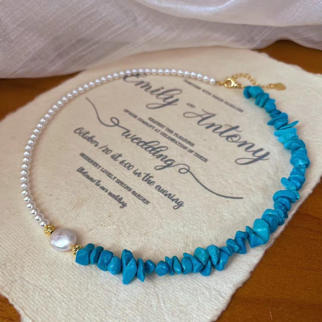 Vintage Irregular Artificial Turquoise Splicing Freshwater Pearl Baroque Pearl Shijia Round Bead Necklace