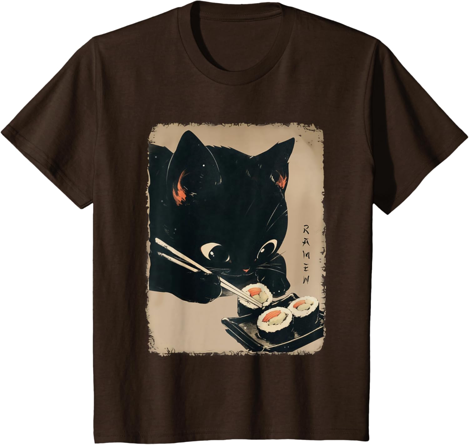 Kawaii Cat Eating Sushi Funny Japanese Anime Cute Cat Girls TShirt S