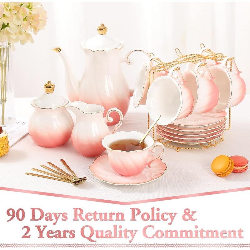 22 pcs Porcelain Tea Set for 6, Luxury British Style Tea/Coffee Cup Set with Golden Trim, Beautiful Tea Set for Women