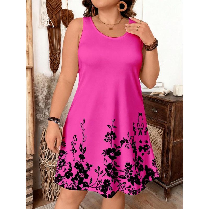 Damen Sommer Übergröße Mittellanges Kleid V-Ausschnitt Ärmellos Floral Bedruckt Strandkleid Partykleid