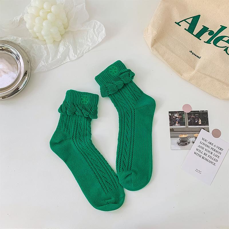 

Женские весенне-летние тонкие носки из хлопка с вышивкой, фестонами, сеткой с ажурным узором, высоким паголенком 1 pair зелёный