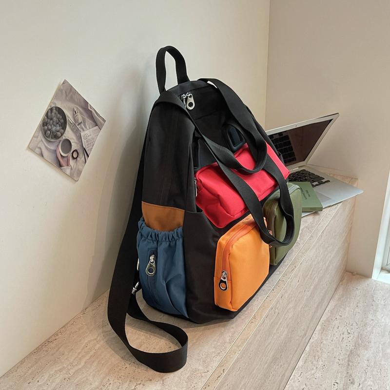 Color Contrast Backpack Women's Large Capacity Commuter Handbag Multi-Functional Plaid Tote Bag