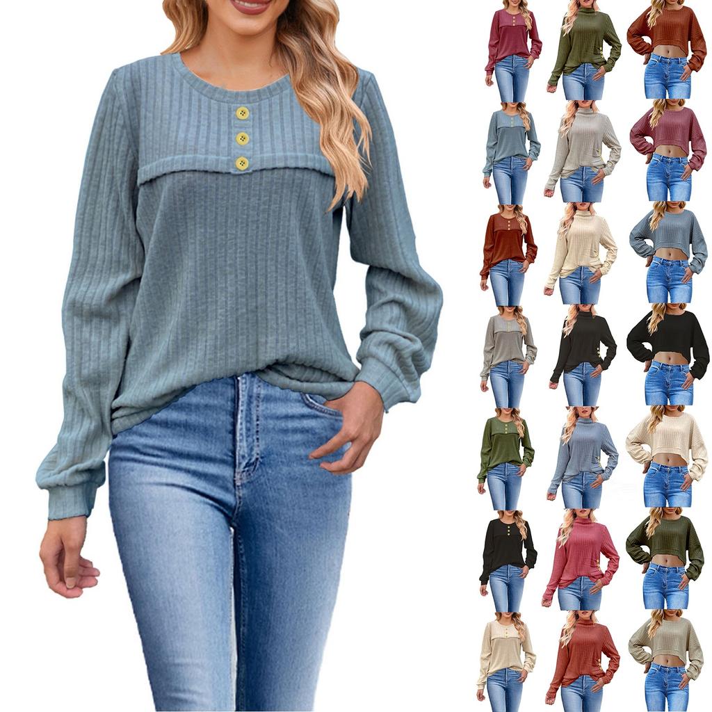 Damenmode Locker Rundhals Knopf Langarm T-Shirt Lässiges Strickoberteil