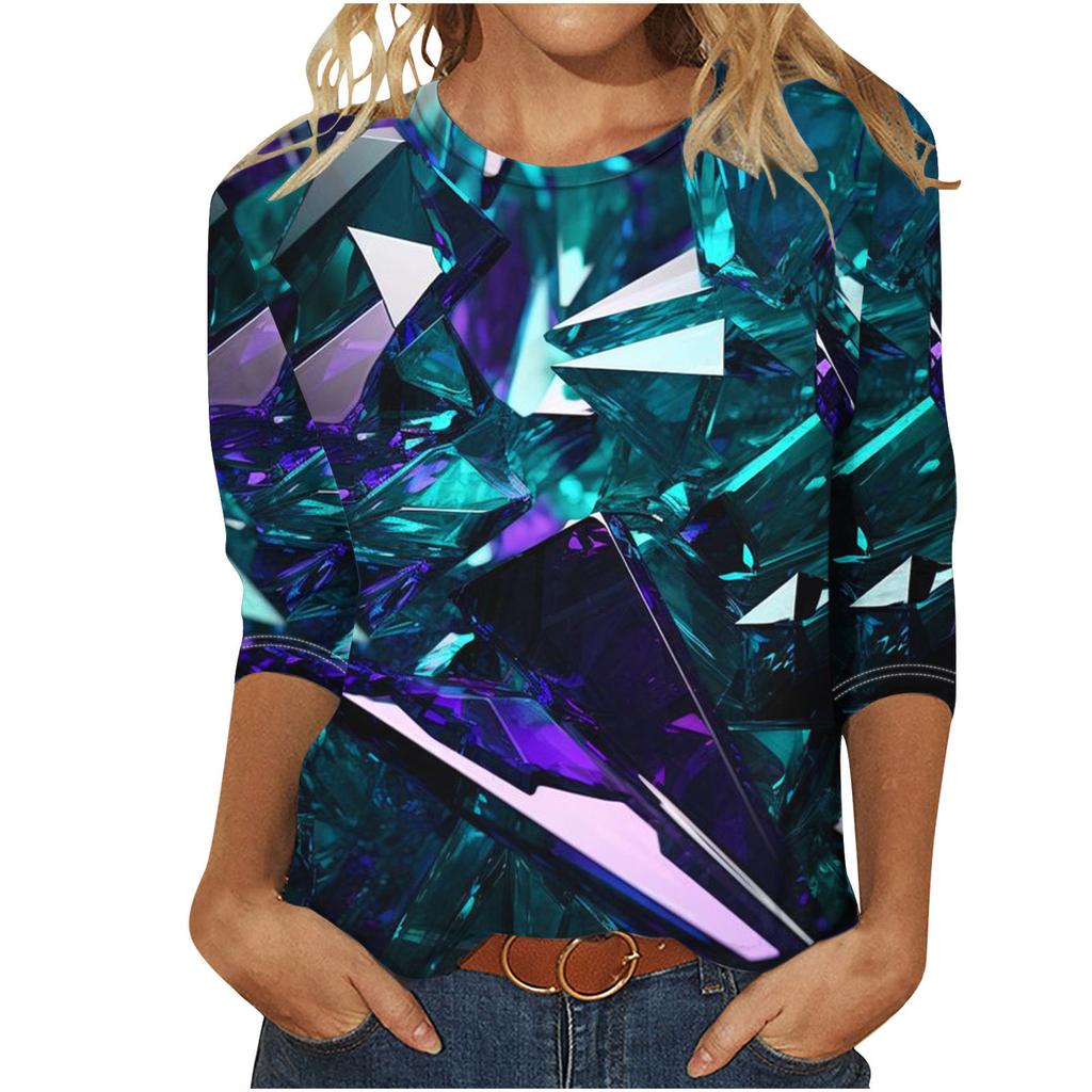 Round Neck 3D Printed Geometric Diamond Pattern Top Fashionable Casual Long Sleeved Women's T-shirts