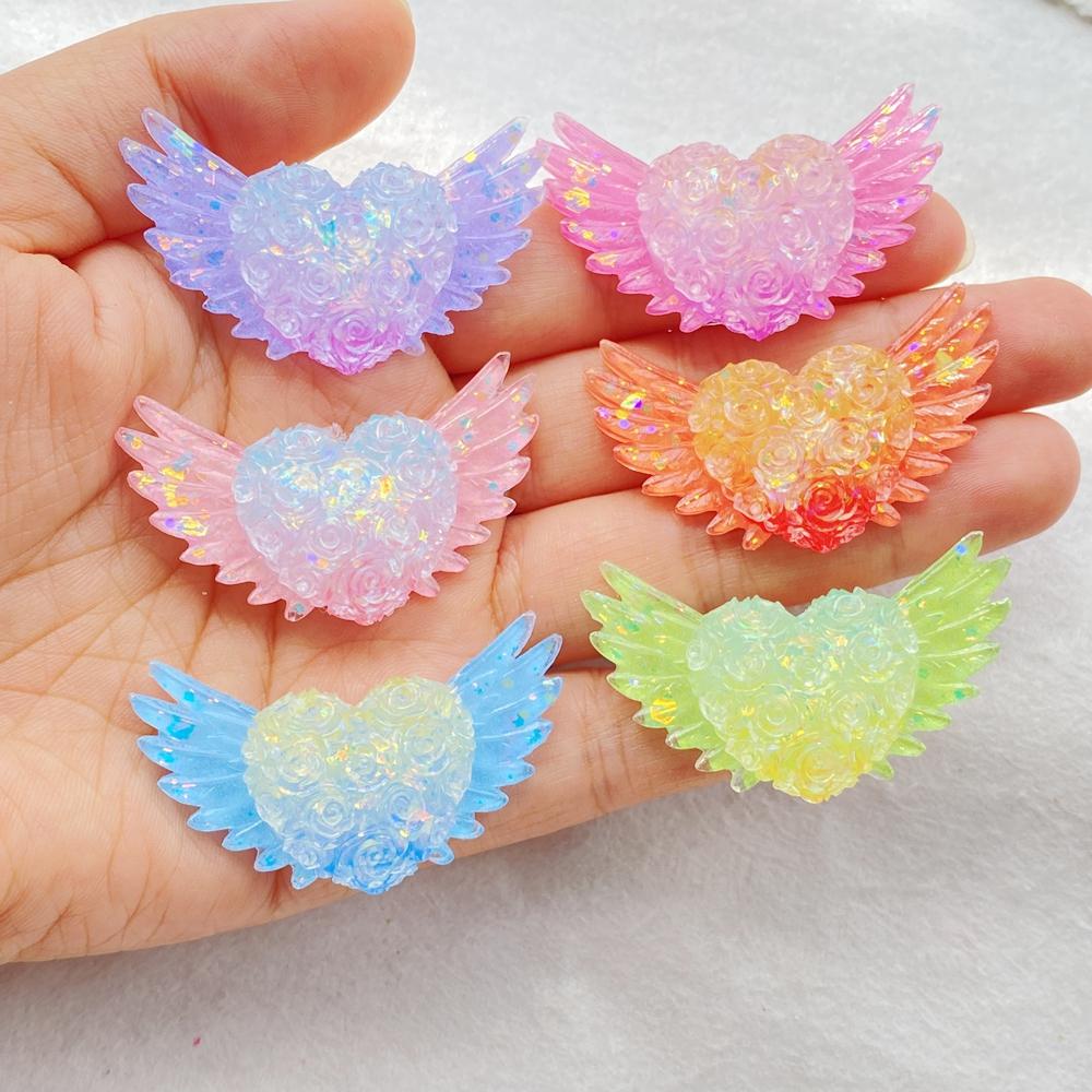 6Pcs Cute Resin Sparkling Colored Rose With Heart-shaped Wings Flat Back Scrapbooking DIY Jewelry Craft Decoration Accessories