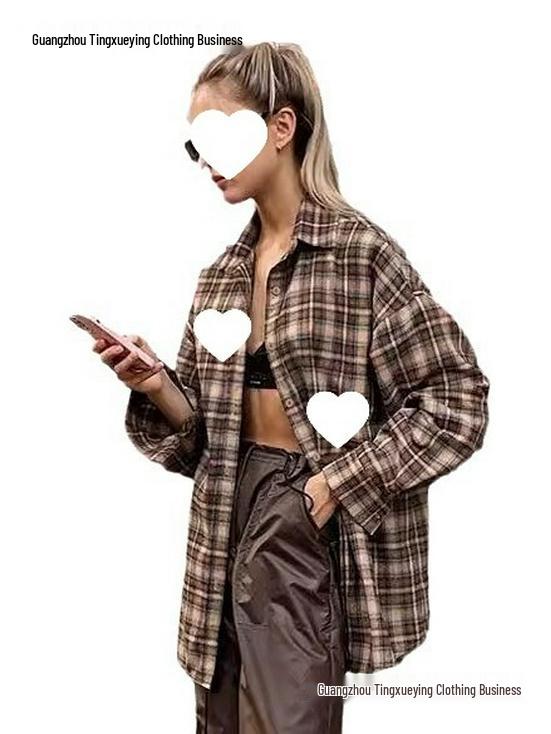 European 2026 Women's Long Retro Plaid Shirt - Spring Loose Fit