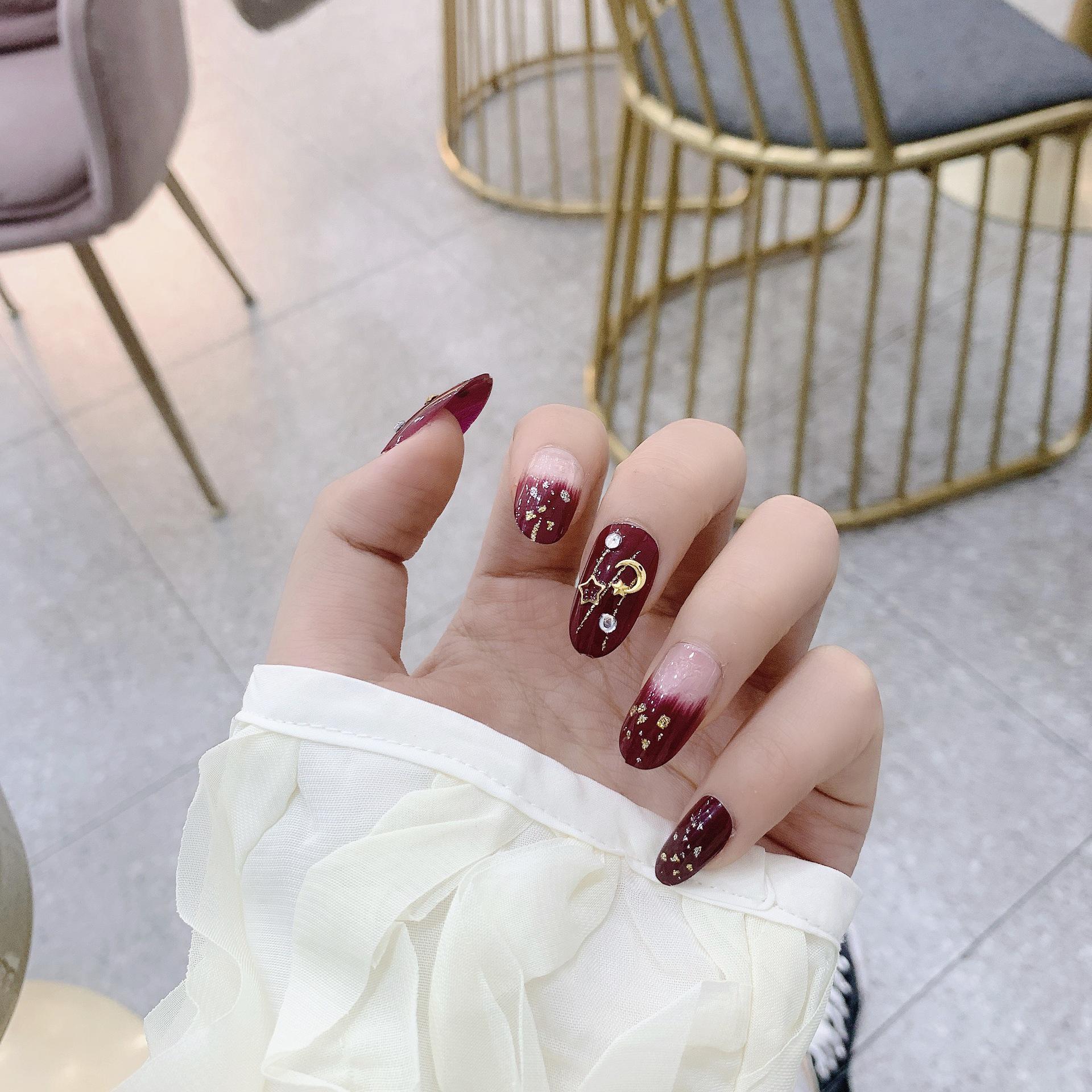 Star Moon Red Gradient Waterproof Nail Art Stickers - Removable Ready-to-Wear Adult False Nails JP726 [Glue Type]