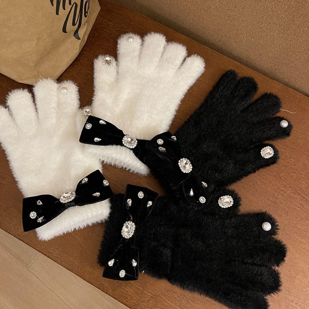 Warm Bow Gloves Crystal Rhinestone Gloves Fashion Rex Rabbit Fur Gloves Outdooor