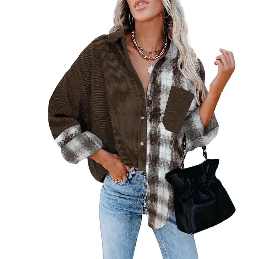 Women's Plaid Shirt Long Sleeved Loose Pocket Shirt Jacket