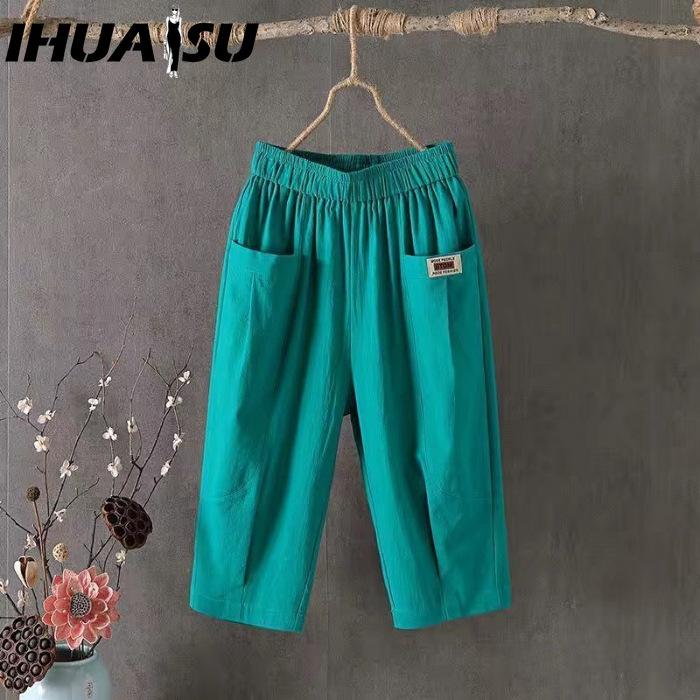 

IHUASU Женские модные повседневные брюки и капри больших размеров с принтом однотонного цвета XXXXL зелёный