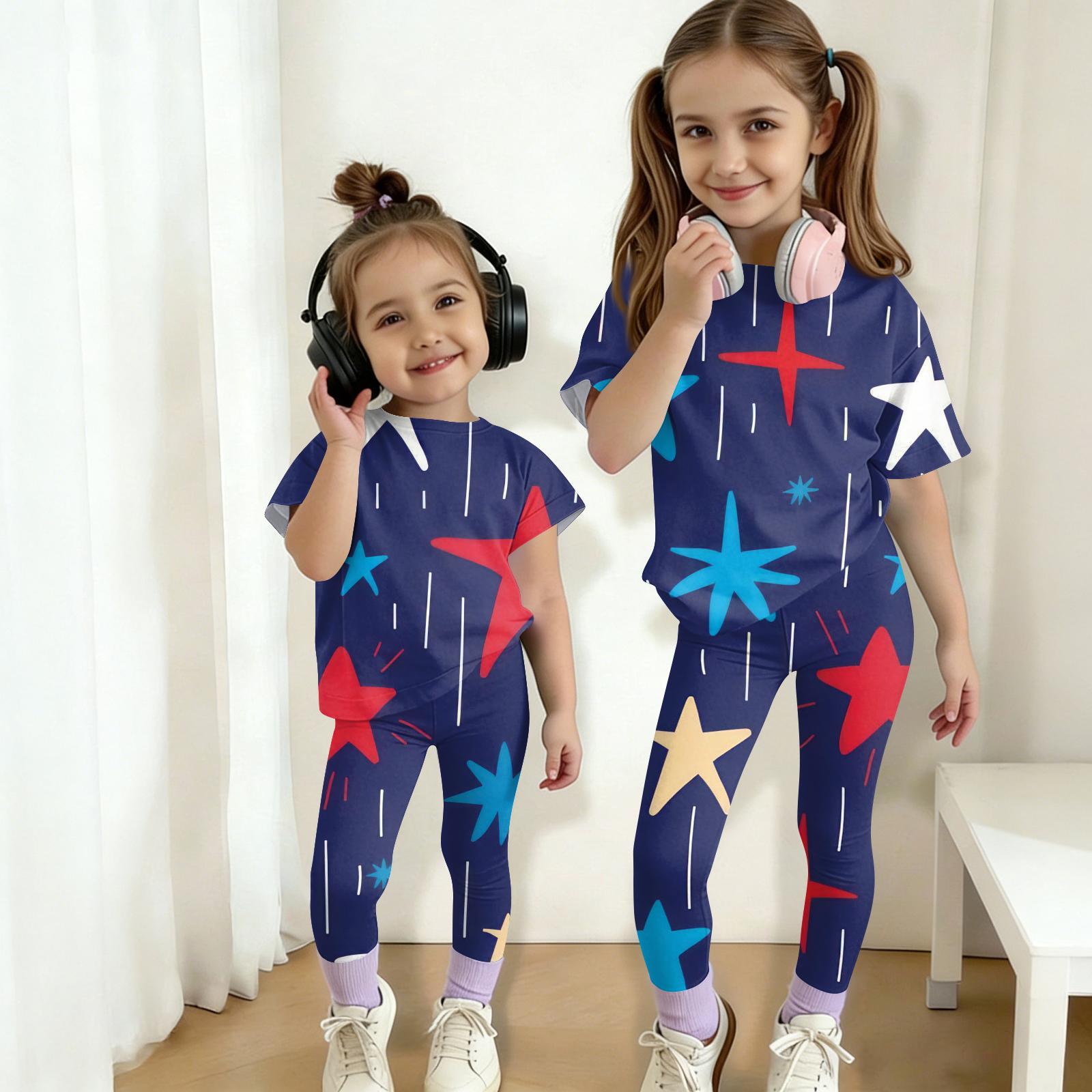 

Kids Two Piece Outfit Short Sleeve Top and Long Pants Set Casual Comfortable Fit Lightweight Fabric Suitable for Everyday Wear 130 Темно-синій