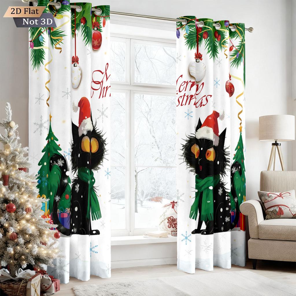 2Pcs Christmas Black Cat Print Blackout Curtains Multiple Size Living Room Bedroom Home Insulation Decoration, Machine Washable