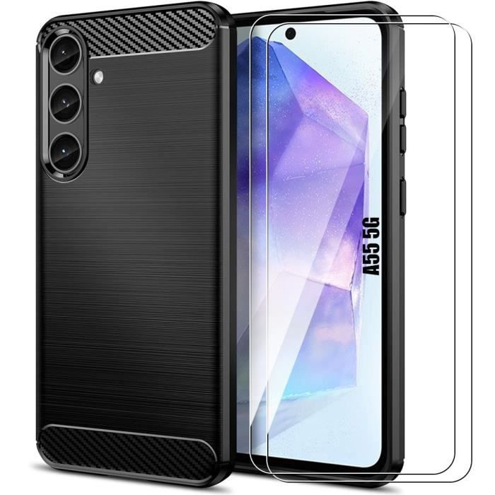 Coque pour Samsung Galaxy A55 5G - Noir - 2 Verres Trempés - Protection Fibre de Carbone - Résistant aux Chutes